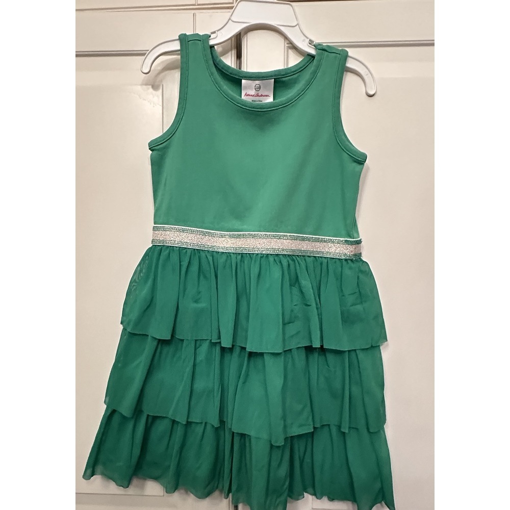 Hanna Andersson Dress Girls 110 Green Tiered Ruffle Sleeveless